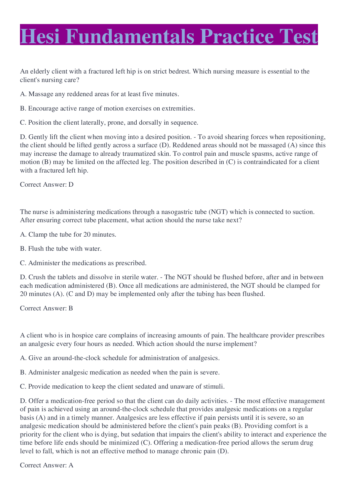 Hesi Fundamentals Practice Test QUESTIONS AND ANSWERS Browsegrades